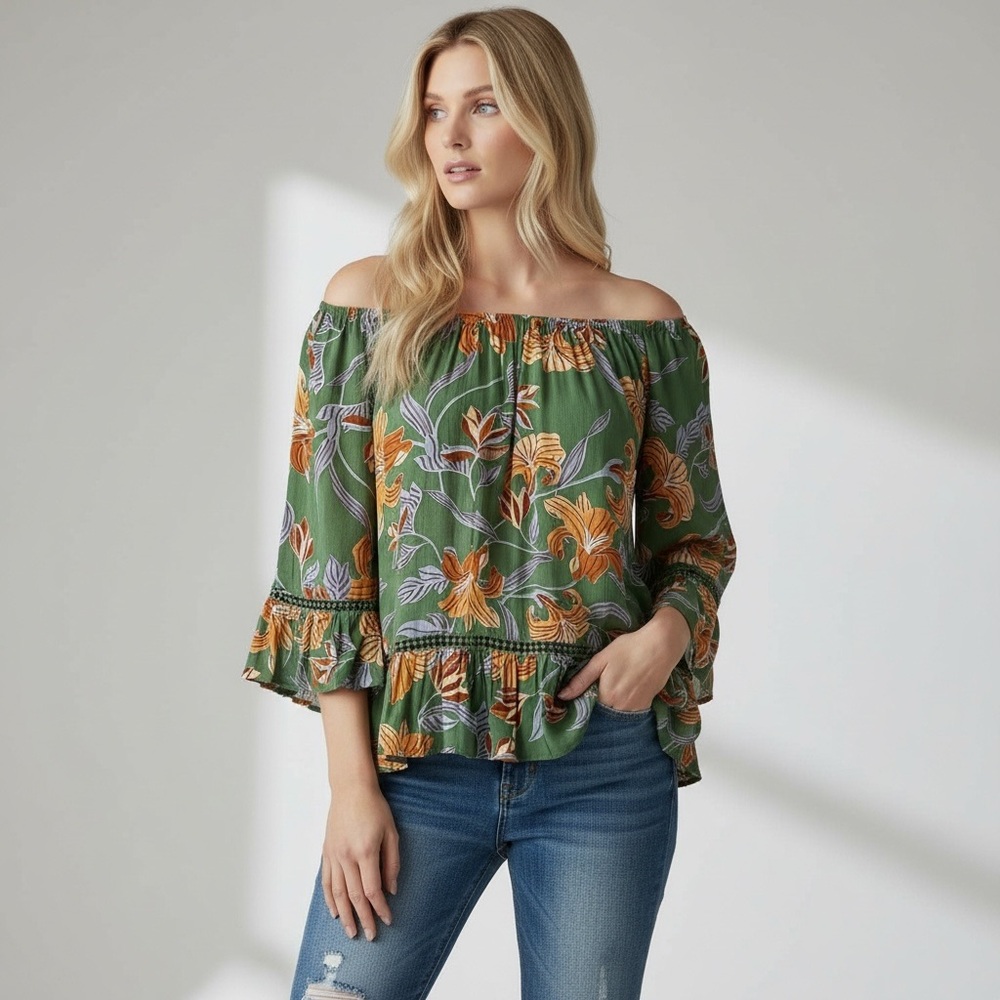 FEVER | Green Woven Ruffled Pleated Bell-Sleeve Dotted Floral Scoop Neck…